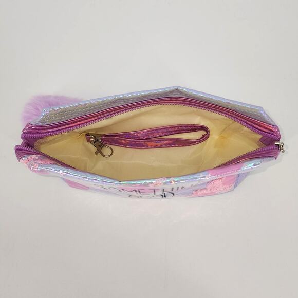 Holographic Pink & Purple "Something Good" Makeup Bag with Pom Pom Charm – New - Picture 3 of 3